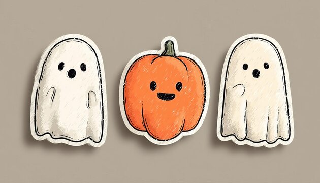 Naklejki Cute ghost stickers with a happy pumpkin for Halloween vibes.