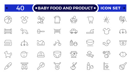Baby Food and Product outline icon. Includes thin line concept, food, element, meal, feed, nutrition, pack, milk. Set of line pictogram.