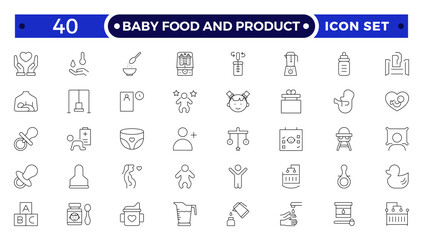 Baby Food and Product outline icon. Includes thin line concept, food, element, meal, feed, nutrition, pack, milk. Set of line pictogram.