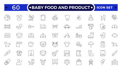 Baby Food and Product outline icon. Includes thin line concept, food, element, meal, feed, nutrition, pack, milk. Set of line pictogram.