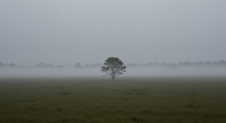 AI-Generated of Lonely Tree in a Misty Field with Negative Space at Dawn