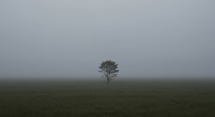 AI-Generated of Lonely Tree in a Misty Field with Negative Space at Dawn
