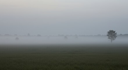 AI-Generated of Lonely Tree in a Misty Field with Negative Space at Dawn