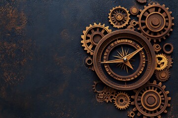 Obraz premium A vintage wooden compass crafted from gears, with intricate details, evoking a sense of adventure and exploration