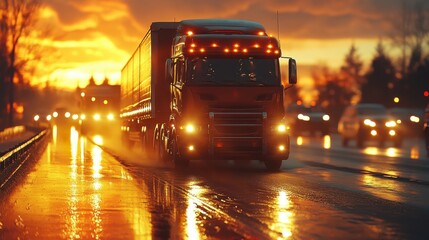 Trucks driving on a rainy road during sunset with vibrant colors reflecting off the pavement