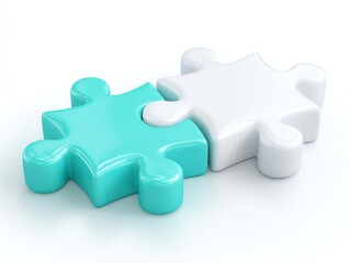 Obraz premium Two interlocking puzzle pieces, one teal and one white, symbolizing connection and teamwork on a white background.