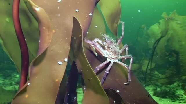In cold depths of White Sea, delicate spider crab navigates through lush seaweed, delicately searching for food amongst vibrant underwater landscape, showcasing nature's wonders beneath Arctic ice.