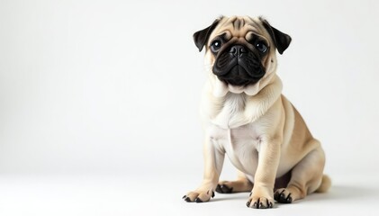 Obraz premium Adorable pug dog sits alone, white background, photography, isolated