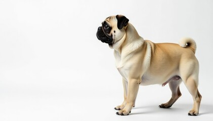 Obraz premium A single pug, in profile, against a plain white backdrop, photography, puppy
