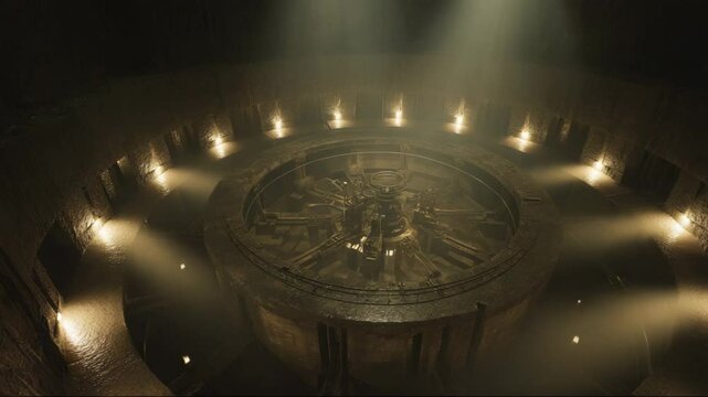 A vast circular altar lies under spotlights in darkness. Symbols surround it, evoking lost rituals. The keyword artifact roots it in the underground world of Agartha.