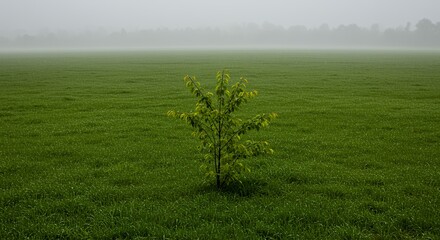 AI-Generated of Young Tree in Dewy Green Field with Ample Negative Space on a Foggy Morning