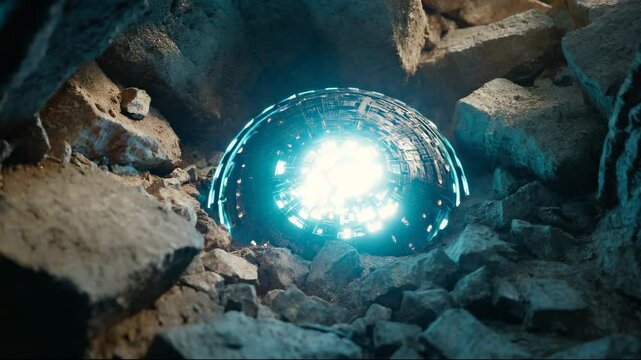 A glowing orb is embedded in stone, pulsing with light. It radiates the technology of a forgotten realm. The keyword artifact connects it to the ancient civilization of Agartha.