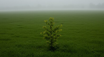 AI-Generated of Young Tree in Dewy Green Field with Ample Negative Space on a Foggy Morning