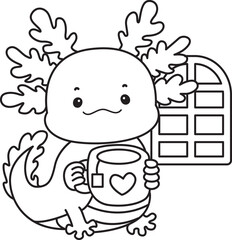 Outline of Illustration of cute axolotl activities icon.
Lineart of Funny pink axolotl in daily routine stickers.

