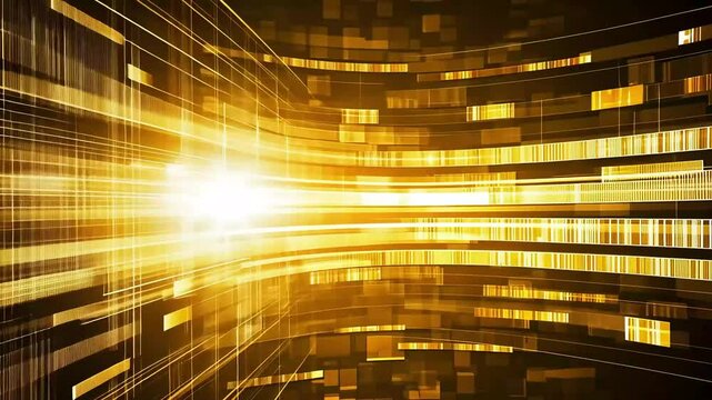Abstract golden light trails and squares on a dark background, suggesting speed and data flow