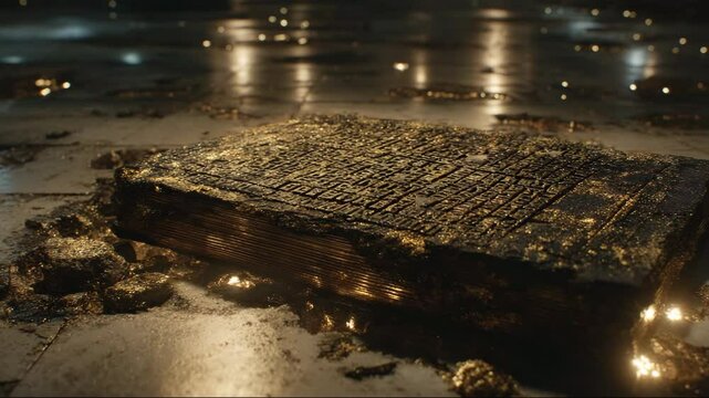 An ancient stone tablet etched with symbols lies under soft light. This is a relic from an underground city. The keyword artifact reveals its origin in the ancient civilization of Agartha.