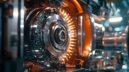 Fototapeta premium Close up of futuristic machinery with red illuminated gears showcasing advanced technology and intricate mechanical design image