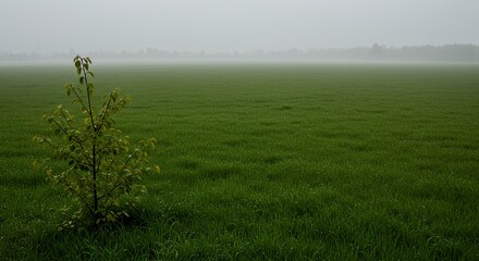 AI-Generated of Young Tree in Dewy Green Field with Ample Negative Space on a Foggy Morning