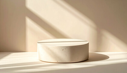 Round Beige Stone Product Display Stand with Sunlight Shadows