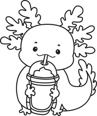 Outline of Illustration of cute axolotl activities icon.
Lineart of Funny pink axolotl in daily routine stickers.
