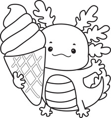 Outline of Illustration of cute axolotl activities icon.
Lineart of Funny pink axolotl in daily routine stickers.

