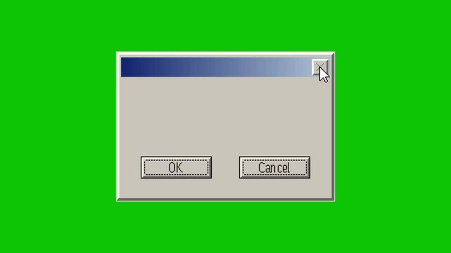 Pixel-style animation of a retro computer window closing after the cursor clicks the X close button. Nostalgic 90s interface design on green screen.