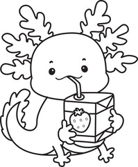Outline of Illustration of cute axolotl activities icon.
Lineart of Funny pink axolotl in daily routine stickers.
