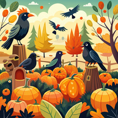 Autumn scene featuring crows in a pumpkin patch on a white background. Seasonal, rustic, and perfect for fall-themed designs.