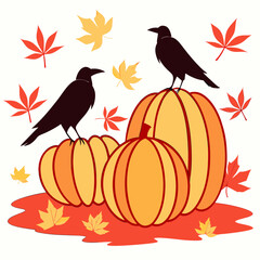 Autumn scene featuring crows in a pumpkin patch on a white background. Seasonal, rustic, and perfect for fall-themed designs.