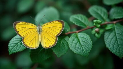 Nature Shot of Yellow Butterfly on Vibrant Green Leaves