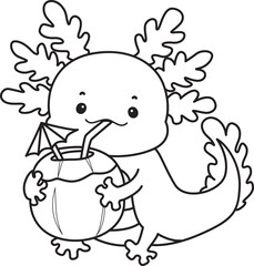 Outline of Illustration of cute axolotl activities icon.
Lineart of Funny pink axolotl in daily routine stickers.
