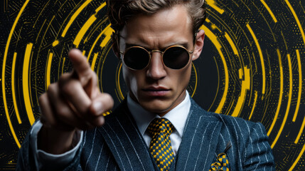 Man pointing finger in the circle retro style pop art. We are waiting for you