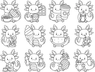 Outline of Illustration of cute axolotl activities icon.
Lineart of Funny pink axolotl in daily routine stickers.

