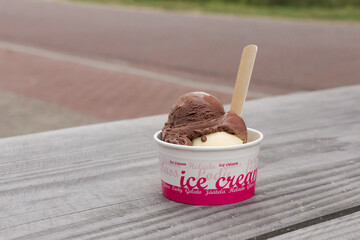Ice cream bowl summer treat, fun snack. Chocolate icecream with environmentally friendly spoon. Fresh snacks