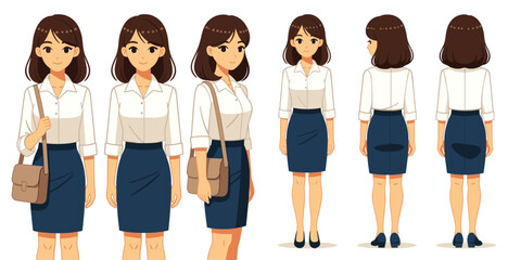 young Japanese woman, smart casual outfit, soft blouse, pencil skirt, shoulder bag,