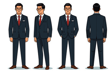 middle-aged Hong Kong male, retro business suit, slick back hair, gold-rimmed glasses, dress shoes,