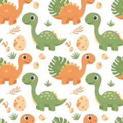 This adorable seamless pattern features cute cartoon dinosaurs in green and orange, dinosaur eggs, and tropical leaves against a white background.