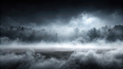 Thick grey mist envelops landscape slowly spreading darkness across black background, fog, grey mist,  fog
