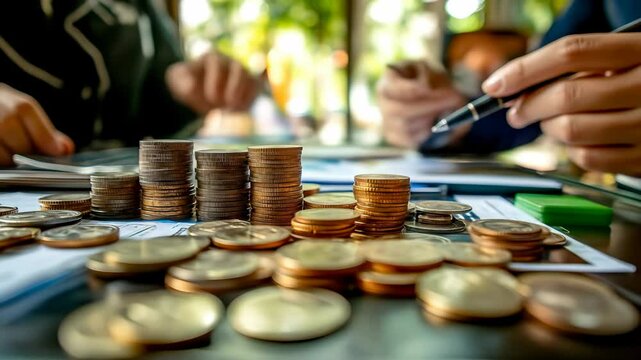 Stacked coin pile and money management on finance documents showing business investment strategy and financial planning
