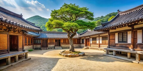 Naklejka premium Traditional Korean courtyard with a small tree and eastern dormitory in Byeongsan Seowon, traditional courtyard, peaceful atmosphere