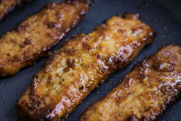 Grilled chicken frying pan. Fresh juicy fried meat dinner prepared dish meal cooking grilling. 