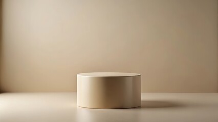 A minimalist beige pedestal supports a sleek cylinder in a neutral-colored setting, emphasizing simplicity and elegance, simple