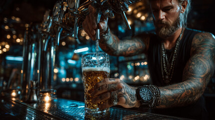 The bartender pours a glass of beer pop art retro vector. Pub and draught alcohol