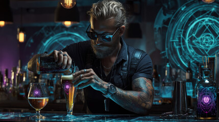 The bartender pours a glass of beer pop art retro vector. Pub and draught alcohol