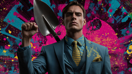 Businessman and sales season, retro man with a shovel is among the gifts, pop art retro  illustration