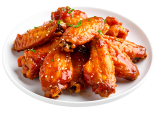 A plate of chicken wings smothered in hot sauce isolated on a transparent background