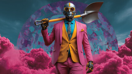 Businessman and sales season, retro man with a shovel is among the gifts, pop art retro  illustration