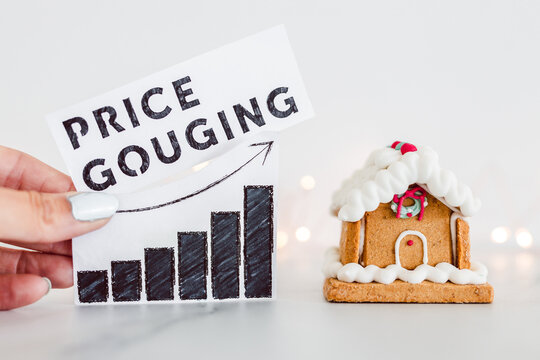 Price gouging graph with stats going up next to gingerbread house, cost of living and interest rates rising around Christmas 2022