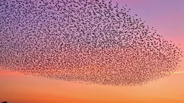 Witness a breathtaking spectacle as hundreds of starlings perform an aerial ballet against a backdrop of a colorful sunset. The fluid movements create beautiful patterns in the evening sky.