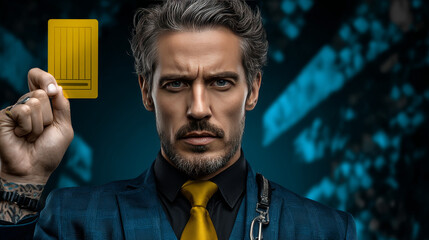 yellow card warning business concept pop art retro vector. The football symbol. The referee on the field